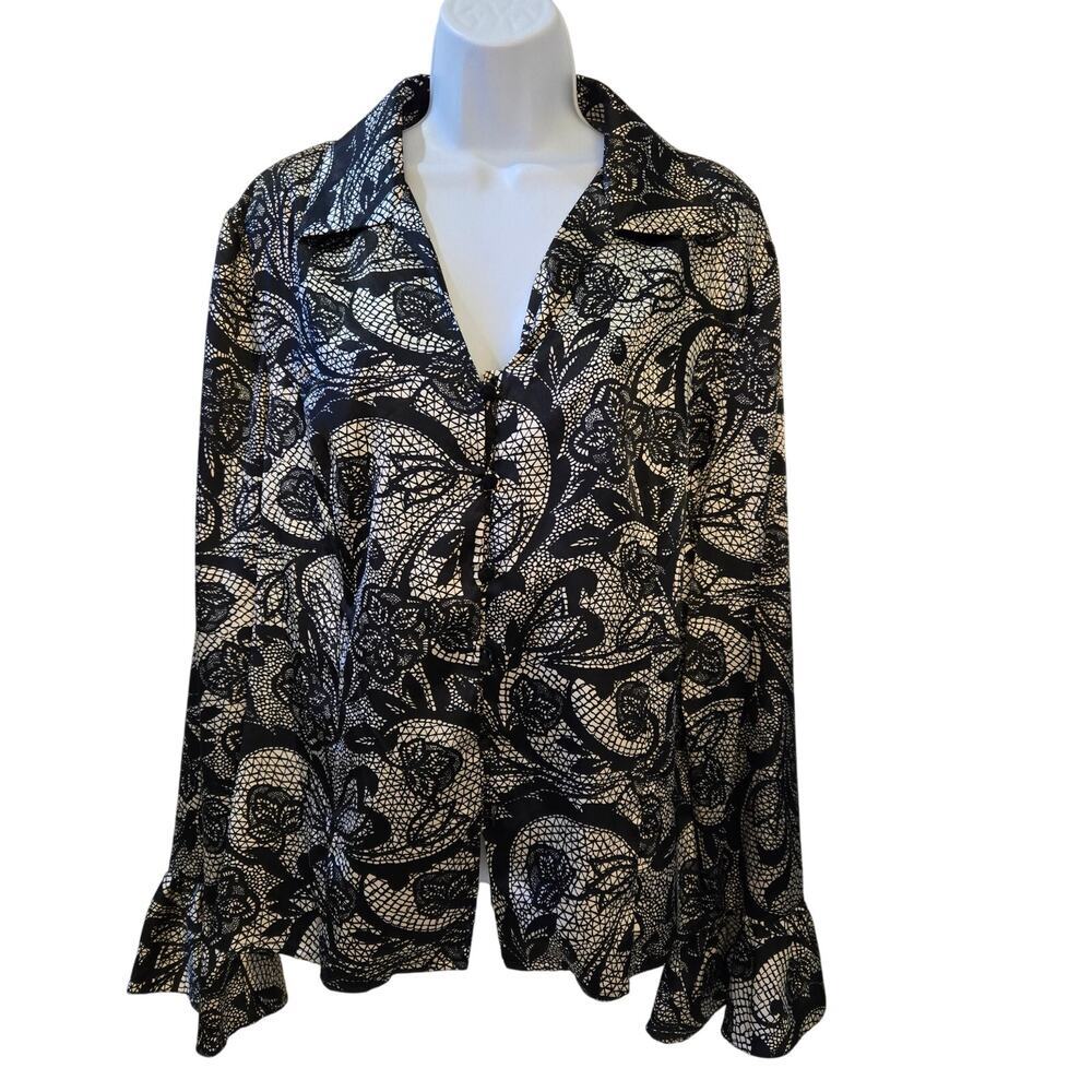 Spence XL decorative button up blouse Black floral Goth Whimsigoth Office Career